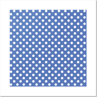 White Polka Dots Pattern on Blue Background Posters and Art